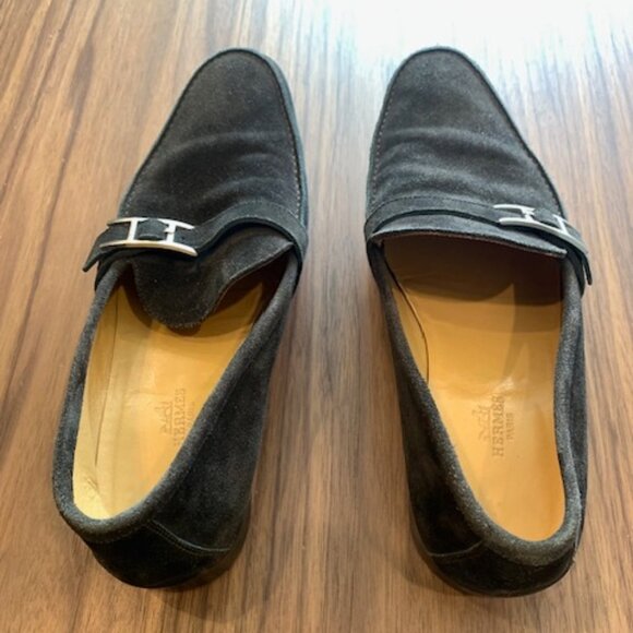 Hermes Black Suede Men\'s Loafers with Silver Buckle main image 4